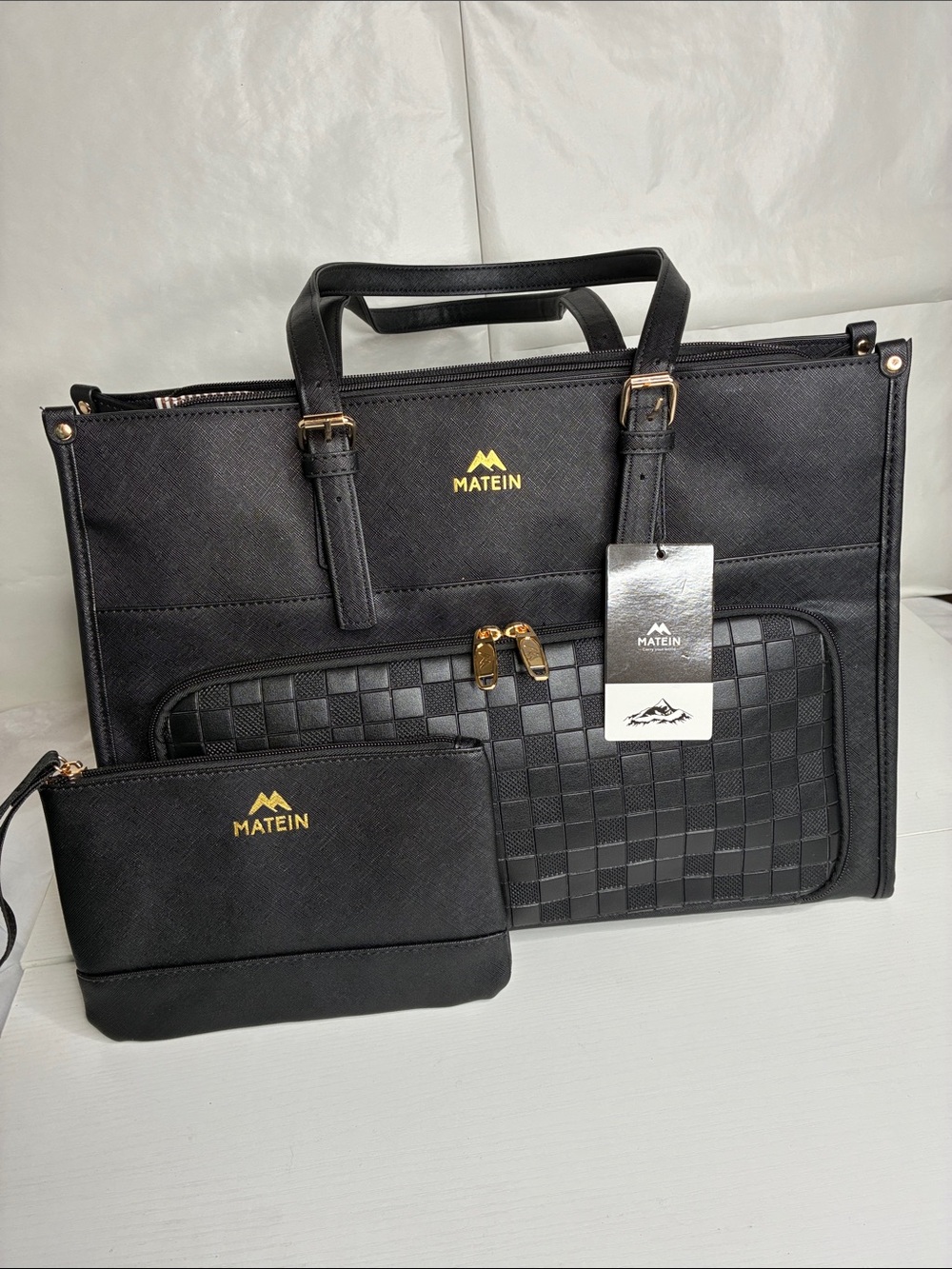 Matein Black Women's Briefcase Tote Bag with Woven Front Pocket
